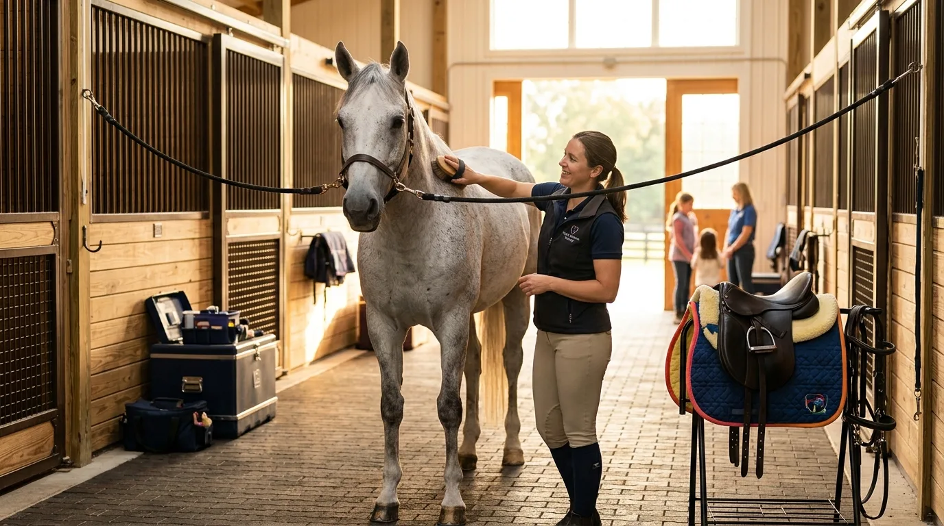 Horse being groomed in cross-ties in a clean barn aisle
