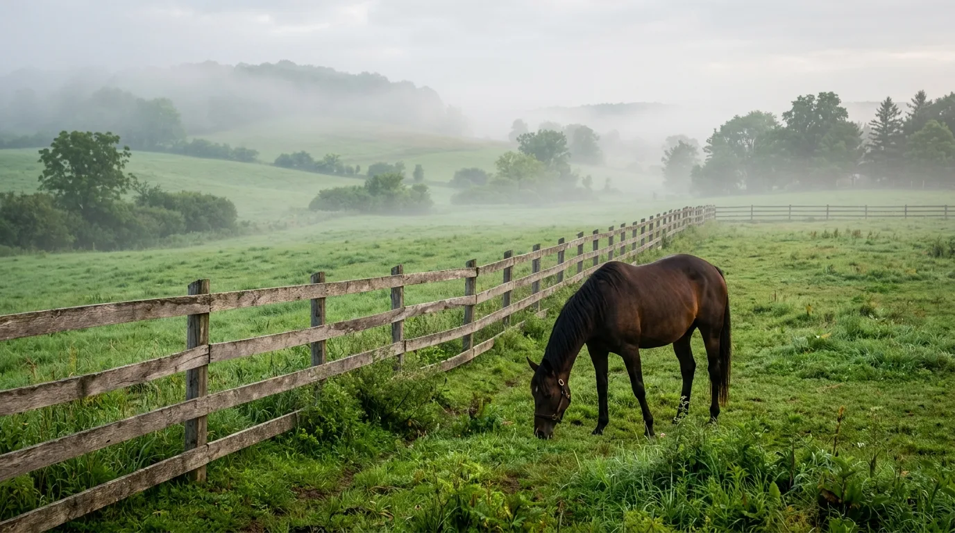 Horse grazing in a misty Ontario morning pasture with wooden rail fence