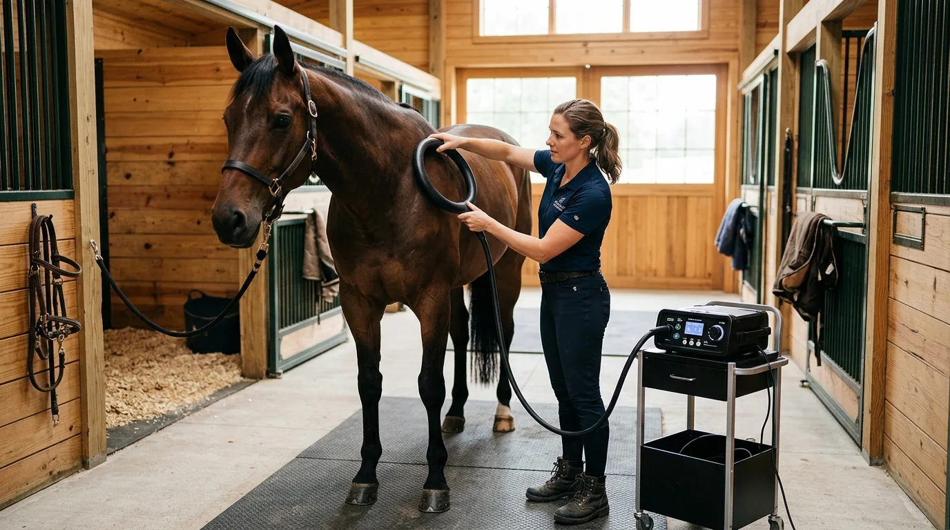 Practitioner performing PEMF therapy on a horse in a warm barn