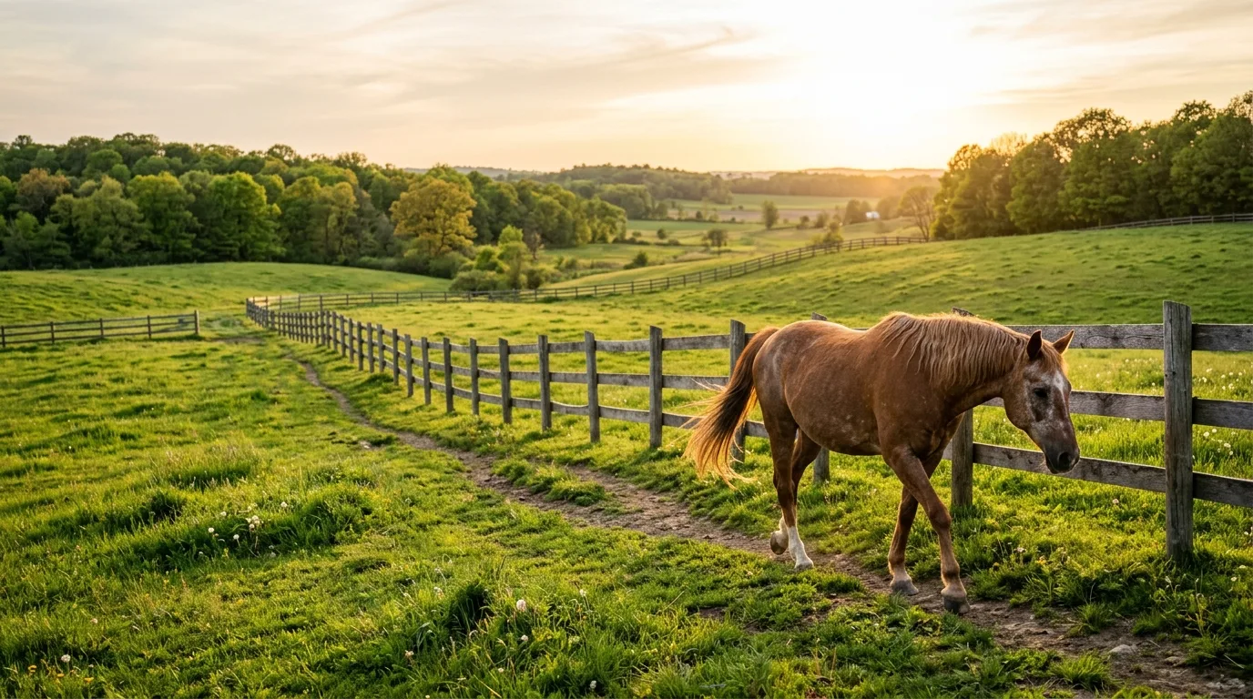 Senior horse walking through a green Ontario pasture at golden hour